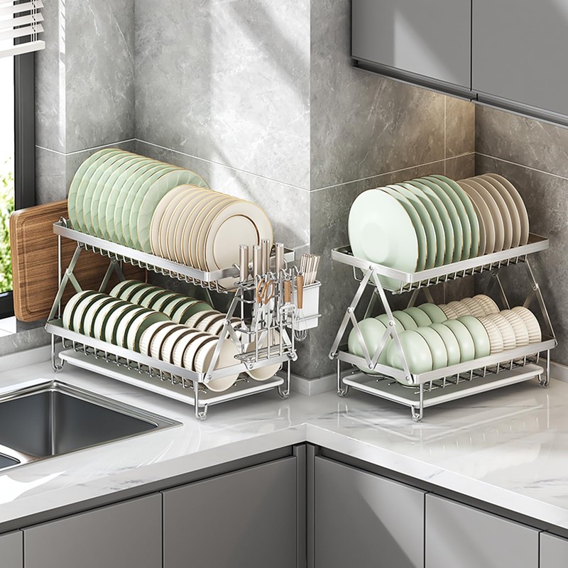 2-Tier 304 Stainless Steel Dish Rack, Foldable Over Sink with