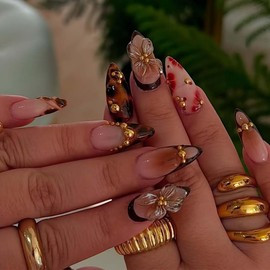 Foccna Tortoiseshell Press on Nails Almond Medium Fake Nails French Glossy 3D False Nail Tips Artificial Nails Finger Manicure for Women&Girls -24 pcs, Gorgeous Nails