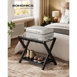 SONGMICS Solid Wood Luggage Rack, No Assembly Required, Foldable Suitcase Stand, Luggage Holder, with Storage Shelf, for Guest Room, Hotel, Bedroom, Ink Black URLR020B02