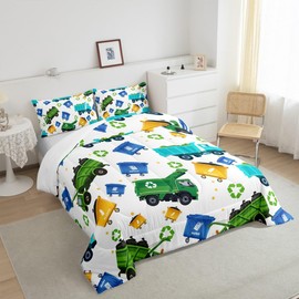 Feelyou Cartoon Garbage Truck Bedding Set Green Trash Truck Comforter Set for Kids Boys Girls Teens Green Vehicle Car Comforter Garbage Truck Toy Print Duvet Set 2Pcs Twin Size