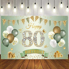 Happy 80th Birthday Banner Sage Green Gold, 1.1 x 1.8 m Happy 80th Birthday Backdrop Banner 80th Birthday Decorations for Women Men, 80 Years Old Birthday Anniversary Party Supplies
