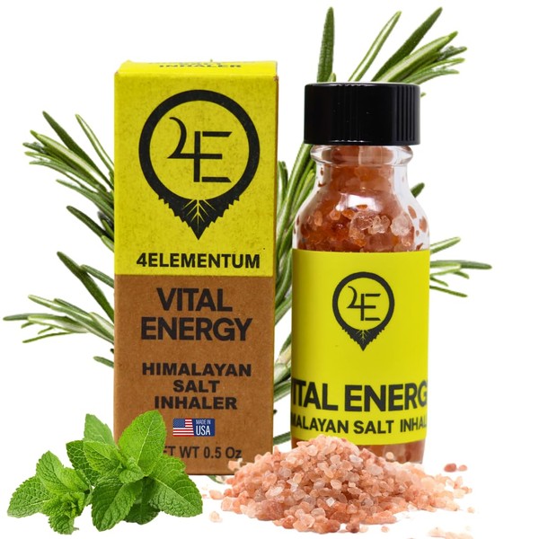 4Elementum Vital Energy Natural Himalayan Salt Nasal Inhaler - Infused with Peppermint and Rosemary Essential Oils for Improved Breathing, Energy, and Focus to Elevate Your Wellness