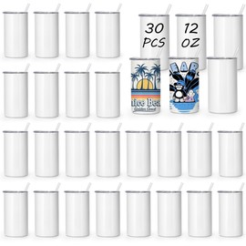 AGH 12OZ sublimation tumblers blanks, 30Pack Straight Stainless Steel Tumblers with Lids and Metal Straw, Double Wall Vacuum Insulated Cups Great DIY Gift for Children and Family.