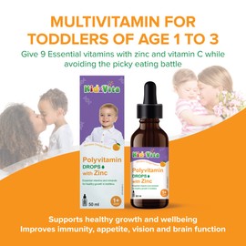 KidzVita - Polyvitamin Drops with Zinc - Kids Multivitamin for 1 to 3 Years - 9 essential Vitamins (Vitamin A, Vitamin B Complex, C & D3) - Mineral of Zinc - Eyesight Support - Immune Boost - Stronger Bones - Healthy Teeth - Natural Mandarin Orange Flavo