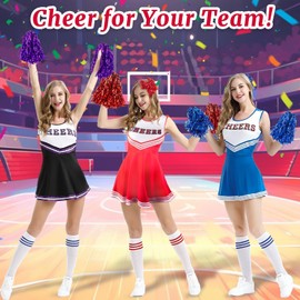 Kitimi Cheerleader Costume Women for Adults, Cheerleadering Outfit Fancy Dress Uniform with Pompoms Hair Scrunchie Socks, High School Cheerleader Costume for Fancy Dress Carnival Party Cosplay Fancy