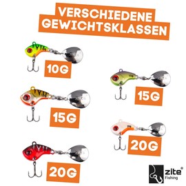 Zite Fishing Jig Spinner Set | 5 Pieces Spin Jig Bass Bait 10 g - 20 g | Spinner Bass Fishing Zander Fishing | Predator Fish Bait for Bass, Zander & Pike | Spin Bait Includes Tackle Box (Neon 10-20 g)