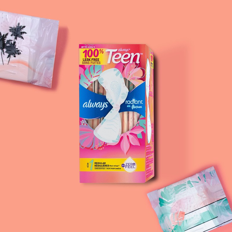 Always Radiant Teen Pads, Size 1, Regular, with Wings, Unscented,