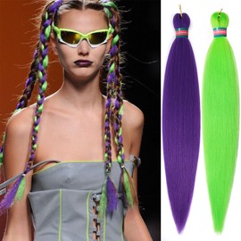 RUN SHUI Extensiones De Cabello Trenzado Preestirado, 2 Paquetes, Extensiones De Cabello Trenzado Predesplumado, 30 Pulgadas, Trenzas De Cabello Kanekalon Morado+Verde Claro