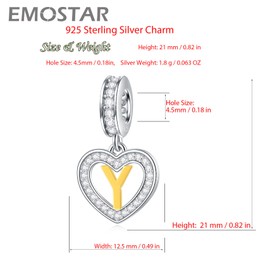 EMOSTAR - Abalorio de letras con inicial A-Z para pulsera europea, chapado en oro de 18 quilates, colgante de alfabeto de corazón de plata de ley 925 con circonita cúbica, regalo para familia, San Valentín, Navidad, Plata esterlina Zirconia cúbica, No es