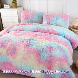 WINLIFE Shaggy Faux Fur Comforter Set Flannel Fuzzy Bedding Set Long Hair Fluffy Plush Comforter Sets Gradient Ombre Tie Dye Multicolor Bedding for Girls Women (3Pcs, Queen, Rainbow)