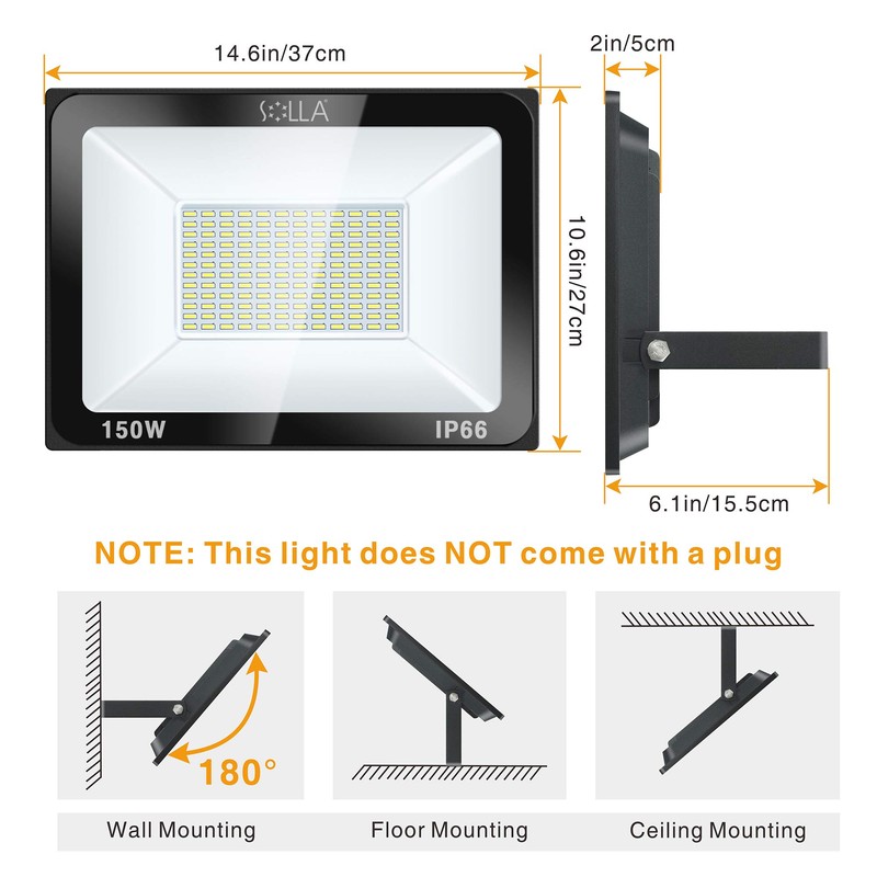 2 Pack SOLLA 150W LED Flood Light, IP66 Waterproof, 12000lm,