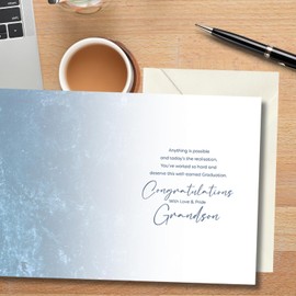 Luxury Graduation Card for Grandson, Gold Foil Design with Champagne and Globe Motif