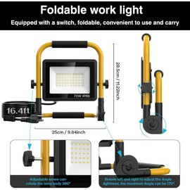 70W LED Work Light, Foldable Portable floodlight, 16.4-Foot (5-Meter) Switch Cable, 1000LM with Plug Light, IP66 Waterproof, with Bracket, Suitable for workshops, Construction Sites, Camping, garages