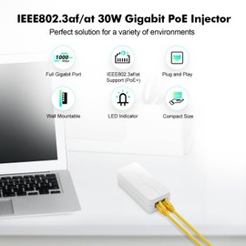 Gigabit PoE Injector 30W, Supports IEEE 802.3af/at, YuLinca White Compact Power Over Ethernet Adapter, Plug and Play, Fanless Wall Mount Design with LED Indicator