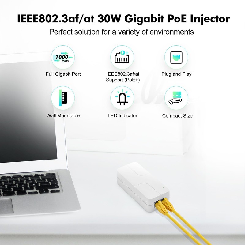 Gigabit PoE Injector 30W, Supports IEEE 802.3af/at, YuLinca White Compact