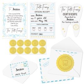 Qimgic Mini Tooth Receipt Set - 20 Set Blue Tooth Cards with Envelope and Fairy Letter for Kids, Lost Teeth Certificate Keepsake Postmark Gift Bag with Seal Stickers for Girls Boys Home School Award