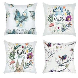 GINFNWA Set of 4 Farmhouse Flower Spring Throw Pillow Covers with Birds Butterfly and Rabbits 18X18 in Blue Stripe Linen Cushion Cases for Car Living Room Sofa Home Easter Decor