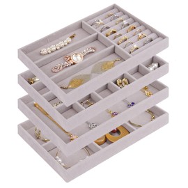 Cirhy 4 Stackable Jewelry Trays Organizer Set for Drawer, Jewelry Organizers and Display Case Storage, Velvet Drawer Inserts Organizer for Necklace Bracelets Earrings Organizer, Gift For Her, Grey
