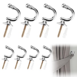 ALLisWE 8PCS Curtain Tie Backs Hooks Silver U Shaped Ball End Tie Back Hooks with Expansion Tubes Metal Wall Mounted Decorative Curtain Hold Backs Fixings for Curtains Keys Clothes Coat Hanger