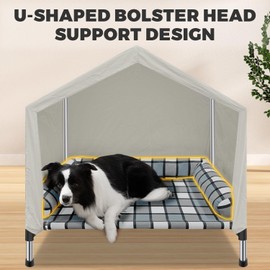 Elevated Dog Pet Bed House - Weatherproof 2-in-1 Indoor Outdoor Pet Cot with Canopy & Bolster Cooling Portable Raised Dog Bed with Pillow for Camping Beach