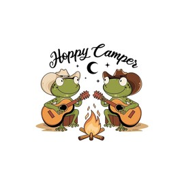 Happy Camper Frog Sticker – Funny Cowboy Frogs Playing Guitar Campfire Vinyl Decal 5"