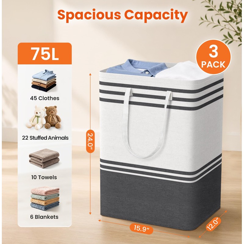 TranquilRelax 3-Pack Laundry Basket - Collapsible Tall Laundry Hamper with