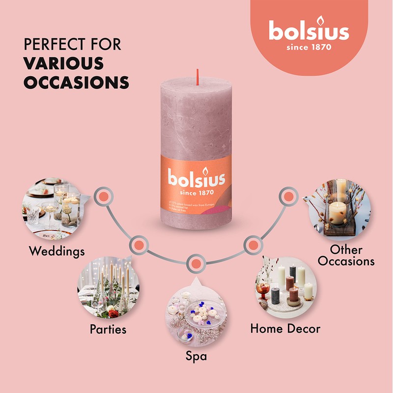 BOLSIUS 4 Pack Ash Rose Rustic Pillar Candles - 2.75