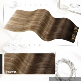 Moresoo Real Hair Extensions Clip in Human Hair Balayage Brown Clip in Hair Extensions Dark Brown to Light Brown with Dark Honey Blonde Double Weft Clip in Extensions 10 Inch 5 Pcs/70g #4/10/16