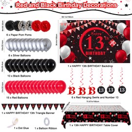 13th Birthday Decorations for Boys Girls Red and Black, Happy 13th Birthday Backdrop Banner, 13th Teenager Birthday Balloons Triangle Flag Tablecloth, 13 Year Old Boy Girl Bday Party Supplies