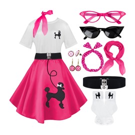10Pcs Sock Hop Outfits Costume Women, 1950s Poodle Skirts, Poodle T-Shirt with 50s Accessories Set Scarf Headband Belt Socks Eyeglasses Earrings (Hot Pink-M)