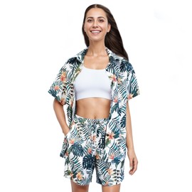IFFEI Family Matching Outfits Hawaiian Plant Printed Shirt and Shorts Womens Mens Kids Loungewear Blouse Set with Pockets Women L Green Leaves