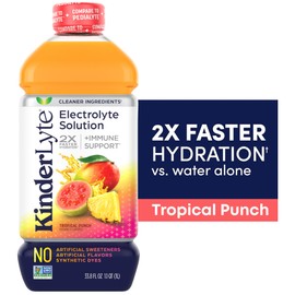 Kinderlyte Electrolyte Solution, 2X Faster Hydration vs. Water Alone, No Artificial Sweeteners or Flavors, No Synthetic Dyes, Tropical Punch, for Kids and Adults, 33.8 fl oz (Pack of 6)