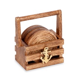NKlaus 8 cm Maritime Coasters in Basket 10 x 6 cm Mango Wood Anchor Motif 14645