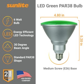 Sunlite 80042-SU LED PAR38 Colored Light Bulb, 6 Watts, (50W Equivalent), E26 Medium Base, 30,000 Hour Lifespan, 1 Pack, Green
