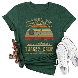 Turkey Thanksgiving Day T Shirt for Women WKRP Turkey Drop Vintage T Shirts Funny Novelty Tv Tops Blouse Tees (X-Large, Green)