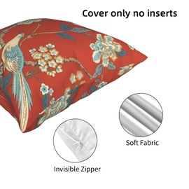 BZKIER Chinoiserie Pillow Cover Cushion Cover Red Floral Bird Throw Pillow Covers 16x16 Inch Linen Pillow Covers for Sofa Car Living Room Bedroom Home Decor Pillow Cases