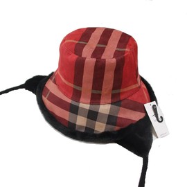 Plaid Winter Warm Bucket Hats for Women with Removable Ear Flaps Cover Polar Fleece Velvet Cloche Fisherman hat Cap (Red-Plaid)