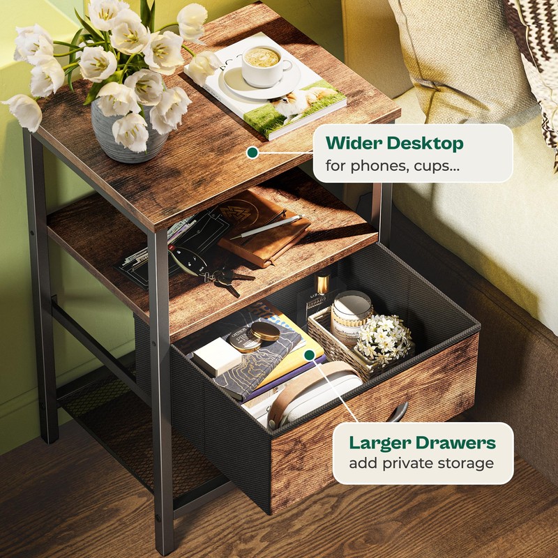Huuger Night Stand with Fabric Drawer, Side Table with Mesh