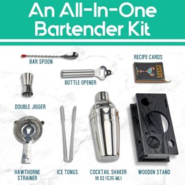 8Pcs Cocktail Shaker Set, Bartender Kit with Black Wood Stand, Stainless Steel Bar Tool Set for Drink Mixing Home Bartending Kit