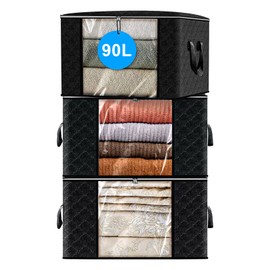 ASelected 90L Clothes Storage Bag, Large Clothes Storage Bag With Zips,Clear Window For Clothing Bedding Sweaters T-Shirts Blankets 3 Pack,Black(60X40X35Cm)