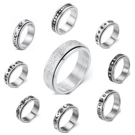 LIOYSIUT 9 Pack Stainless Steel Swivel Ring Anti-Anxiety Ring Swivel Moon Star Cool Stress Relief Ring Women Men (Size 8)