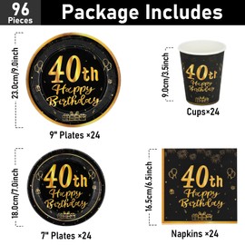 96 Pieces Black and Gold Birthday Party Tableware Set, 40th Black and Gold Birthday Party Tableware Paper Plates Set, for Children Birthday Party Table Decoration 24 Guests