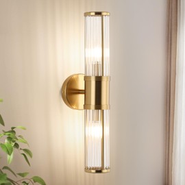 ECOBRT Modern Brushed Brass Vanity Light Fixture - Dual Glass Rods Wall Sconce for Bathroom, Double Light Socket E12 Candelabra Base, Mirror Vanity Lighting (Bulbs Not Included)