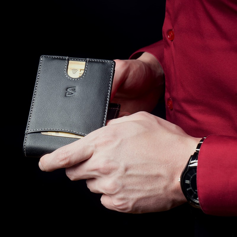 Black/White Leather Card Wallet for Men with RFID Blocker without