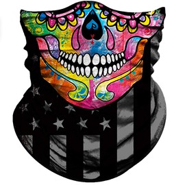 Obacle Motorcycle Face Mask Sun UV Dust Wind Protection Tube Mask Seamless Bandana Skeleton Face Mask for Men Women Bike Riding Cycling Biker Fishing Outdoor Festival (Colorful Skull Flag)