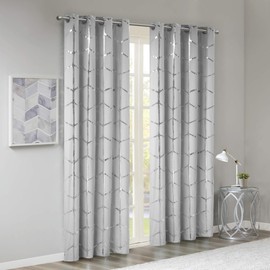 Intelligent Design Blackout Window Curtain, Light Blocking Curtains for Living Room, Thermal Insulated Window Panel with Metallic Print and Grommet Top, 50"x84", Grey/Silver, 1 Piece