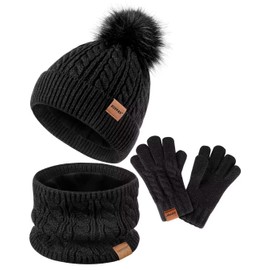 Kids Winter Hat Gloves Scarf Set,Girls Hats Beanie with Pom Knit Neck Warmer Gaiter Mittens Fleece Lined,Girls Accessories Cold Weather Set for Toddler Children Boys（Black）