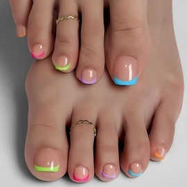 24Pcs Colorful Press on Toenails Summer Toe Nail Press Ons Cute Neon Fake Toenails with Designs Short Gel Acrylic Toenail Blue Green French False Stick on Toe Nails for Women Girls Toe nail Supplies