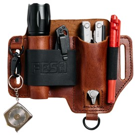 FESA Leather Multitool Sheath for Belt - Full Grain Leather EDC Pouch Organizer for Tactical Pocket Knife, Flashlight & Pen - w/Snap Hook - Work & Everyday Use Utility EDC Belt Pouch for Men (Cherry)