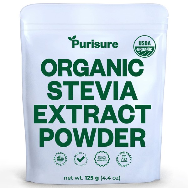 Organic Stevia Concentrated Powder, 125g, Organic Pure Stevia Powder, No Fillers, No Artificial Sweeteners, No Aftertaste, Zero Calorie Stevia Sweetener, Stevia Sugar Substitute, 4.4 oz, 846 Servings